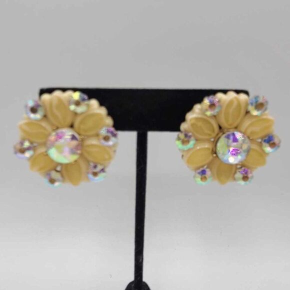J Crew White Resin Flower Stud Earrings with AB Crystals - Picture 1 of 8